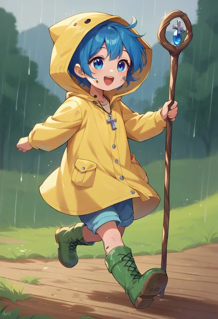 score_9, score_8_up, score_7_up,1girl, alone, child, cute kid, blue hair, blue eyes, yellow raincoat, hood, green boots, dirty boots, necklace with a cross, holding wood staff, happy, outdoors, running, rain