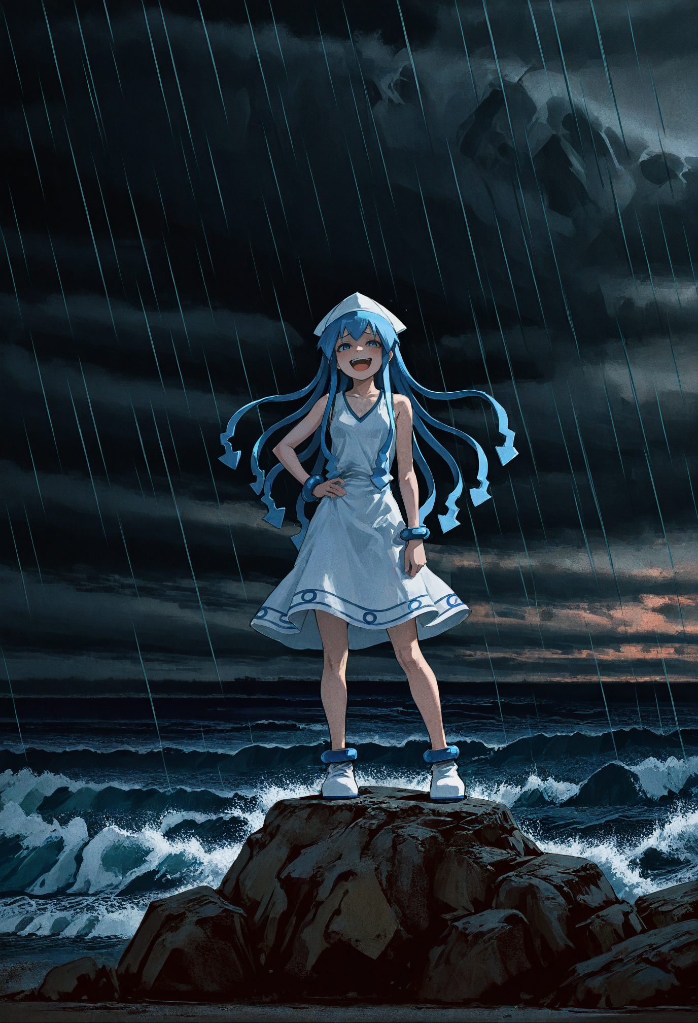 <lora:SDXL\Illustrious\YTSKX.safetensors:0.8:1.0> <lora:SDXL\Illustrious\ComfyUI_itercomp_00001_.safetensors:1.0:1.0>1girl,ikamusume , ocean behind, standing, hand on hips, laughing with open mouth, standing on a rock, waves, dark sky, storm, ,film grain,chromatic aberration,very awa,masterpiece, best quality, amazing quality, very aesthetic, absurdres, newest