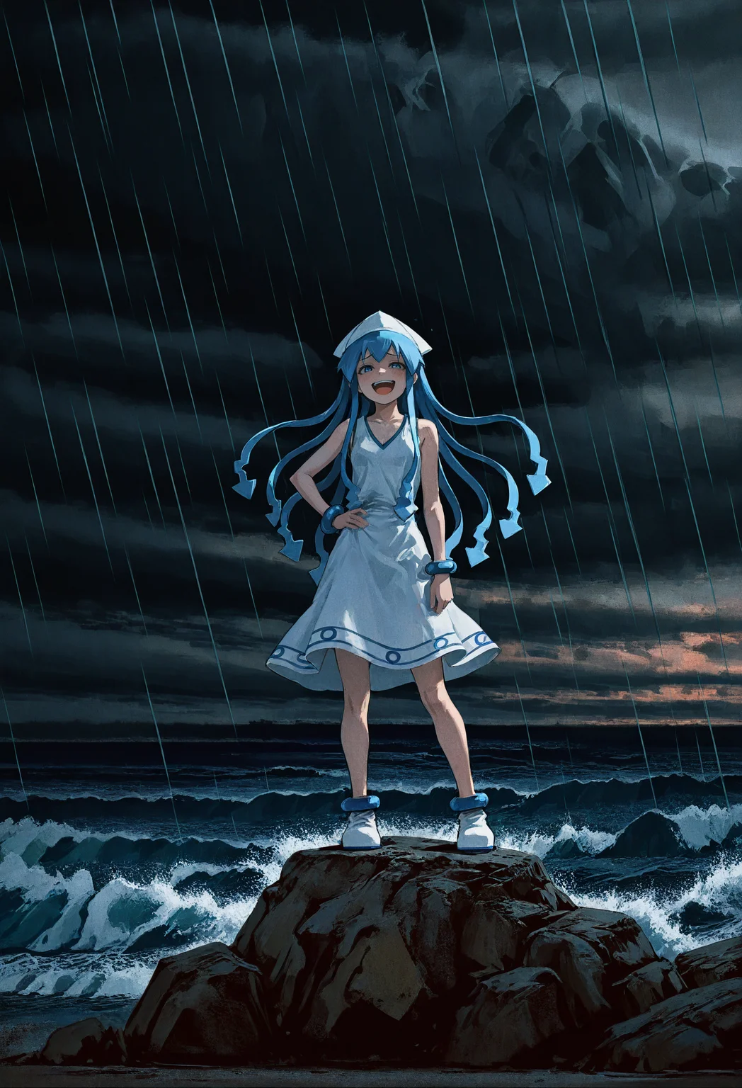 <lora:SDXL\Illustrious\YTSKX.safetensors:0.8:1.0> <lora:SDXL\Illustrious\ComfyUI_itercomp_00001_.safetensors:1.0:1.0>1girl,ikamusume , ocean behind, standing, hand on hips, laughing with open mouth, standing on a rock, waves, dark sky, storm, ,film grain,chromatic aberration,very awa,masterpiece, best quality, amazing quality, very aesthetic, absurdres, newest