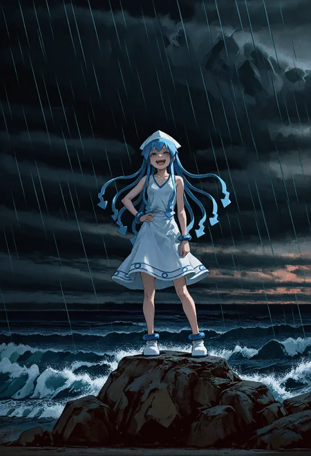 <lora:SDXL\Illustrious\YTSKX.safetensors:0.8:1.0> <lora:SDXL\Illustrious\ComfyUI_itercomp_00001_.safetensors:1.0:1.0>1girl,ikamusume , ocean behind, standing, hand on hips, laughing with open mouth, standing on a rock, waves, dark sky, storm, ,film grain,chromatic aberration,very awa,masterpiece, best quality, amazing quality, very aesthetic, absurdres, newest