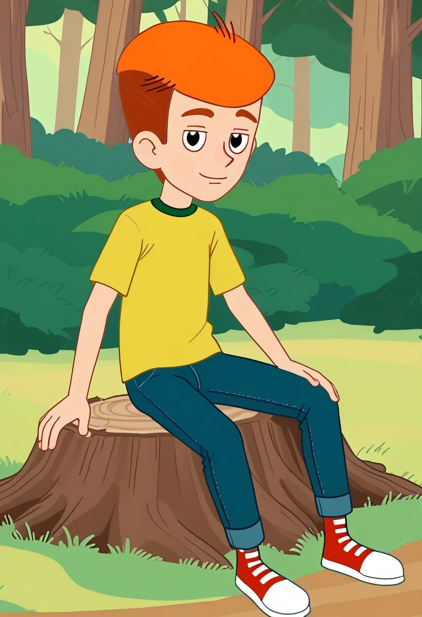 skinny, shorty, undersized, solo focus, fyodor, 1boy, solo male, yellow shirt, green collar, short hair, orange hair, black eyes, pants, blue pants, t-shirt, rolled jeans, red footwear with white toes, red sneakers, , posing, smug smile, forest, trees, bushes, sitting on tree stump, bedroom eyes, parted lips, looking at viewer,