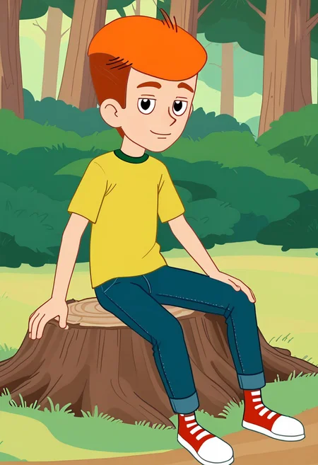 skinny, shorty, undersized, solo focus,  fyodor, 1boy, solo male, yellow shirt, green collar, short hair, orange hair, black eyes, pants, blue pants, t-shirt, rolled jeans, red footwear with white toes, red sneakers, , posing, smug smile, forest, trees, bushes, sitting on tree stump,  bedroom eyes, parted lips,  looking at viewer,