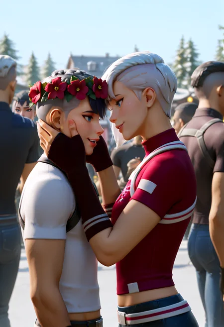 IllustriousQual <lora:StS-Illustrious-Detail-Slider-v1.0:2> <lora:cfg_scale_boost:0.3> <lora:Frosted_Flurry_IL_-_V1:0.8> FrostedFlurryIL, female, white hair, blue eyes, holiday outfit, snowflake-themed, buzz cut, short hair, fingerless glove,detailed_background,outdoors,highres,from side,turtleneck,green eyes,qmeng,shirt,alien stage,multiple boys,red flower,white shirt,short hair,black hair,turtleneck shirt,male focus,gloves,grey hair,holding head wreath,2boys,black gloves,hand on another&