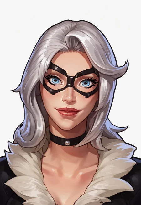 safe_pos, score_9, score_8_up, score_7_up, score_6_up, score_5_up, score_4_up, blackcat, silver hair, lipstick, blue eyes, domino mask, mask, chocker, black bodysuit, upper body:1.2, latex, fur trim, breasts, white background, looking at viewer