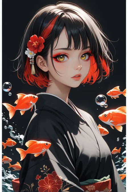 score_9,score_8_up,score_7_up,
black background,simple background,Volumetric Lighting,looking at the viewer,glowing,1girl,fish,goldfish,black hair,bubble,yellow eyes,solo,makeup,multicolored hair,short hair,japanese clothes,kimono,eyeshadow,koi,red hair,flower,black kimono,streaked hair,upper body,parted lips,air bubble,tattoo,grey background,red flower,eyeliner,white border,