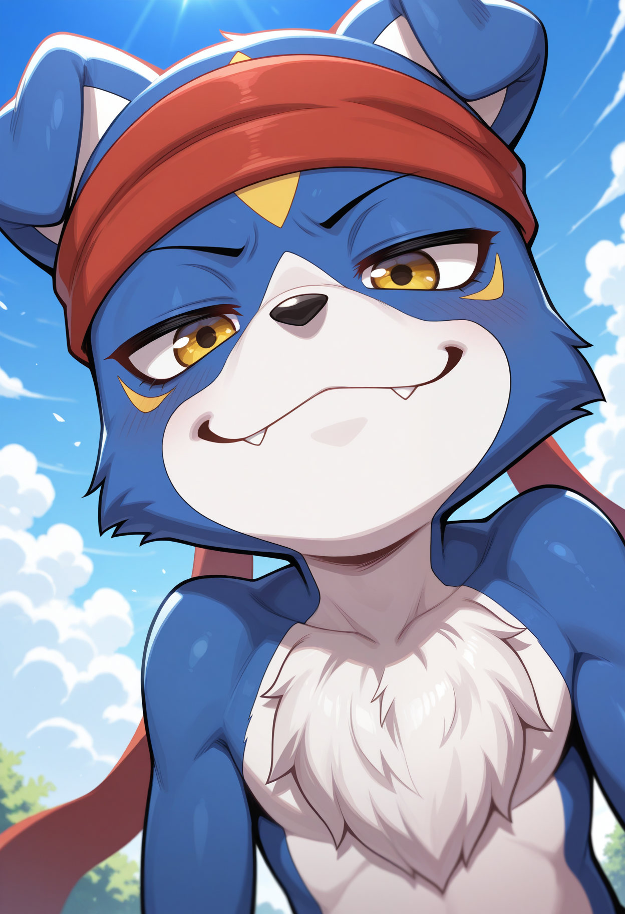 masterpiece,best quality,amazing quality, 1boy, solo, g40m0n, digimon (creature), red headband, close up, angle, outdoors, smug look,