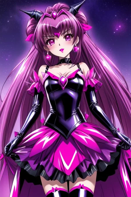 evil corrupted young princess wearing dark pastel (ruffled:1) (gleaming latex:1) EvlSM DarkPrecure Bad_End_Precure gown with (long latex cape:1) and latex elbow bridal gauntlets, (Perfect Face:1), soft lighting, glossy red lips, ruffles,