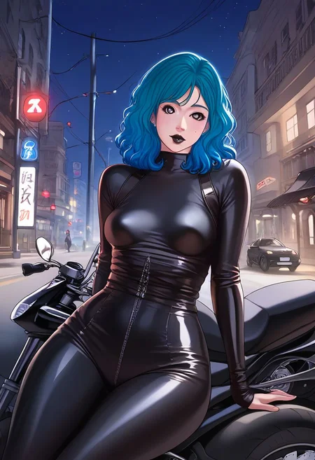 score_9, score_8_up, score_7_up, source_anime, BREAK, masterpiece, high quality, 1girl, (( <lora:da_bo_hye:1> , da_bo_hye, short stature, thin waist, medium hips, beautiful skin, beautiful aquamarine hair, beautiful medium hair, clear eyes, piercing silver eyes, bright pupils, beautiful eyes, small breast, beauty, extraordinary beautiful girl, attractive girl, super sexy girl, )), cowboy shot, leaning, motor vehicle, ground vehicle, motorcycle, sitting, on motorcycle, black bodysuit, bodysuit, night, street, black eyesliner, black lips
