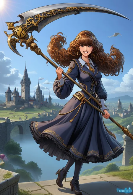 happy girl, random_combat_action_pose, scythe (4K4BUR5TYL3)
