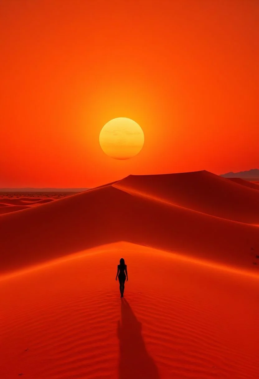 ispzxll, diorama, isometric, miniature, volumetric lighting style, intricate details, desolate, dusty sky, iconic shot, isolated, lonely, orange sky, red dirt, walking away, golden hour, epic, setting sun on horizon, film scene, slim female figure silhouette