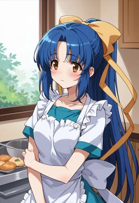 score_9, score_8_up, score_7_up, source_anime,  shimizu sayaka, long hair, blue hair, brown eyes, 1girl, solo, ponytail, blush, bow, ribbon, hair bow, apron, hair ribbon