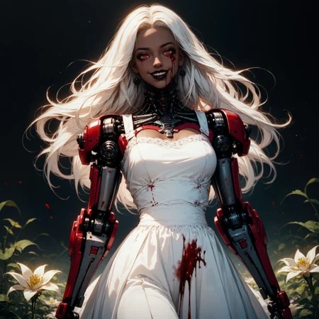 (score_9, score_8_up, score_7_up, zPDXL),
BREAK
(outdoors:1.0), (tall flowers:1.1), (lycoris flower:1.0), (red spider lily flower:1.0),
BREAK,
dark-skinned female, (cowboy shot:1.1), (1girl:1.0), (white hair:1.1), (white dress:1.1), (sadistic:1.0), (evil:1.0), (sinister:1.0), (hysterical:1.1), (smiling:1.0), (psycho:1.1), (bloodstains:1.1), (blood splatter:1.1), (covered in blood:1.2), (blood:1.2), (CryingBlood:1.0), (looking at viewer:1.0), black lipstick, red skinhighly detailed, female focus, robot, cyborg , android, mechanical arms, cybernetic neck, bionic torso, bionic skin
BREAK,
(horror:1.0), (noir:1.0), (red:1.1), (crimson:1.1),
BREAK
thick lineart, sharp edges, cel shading, linear hatching, black and white comic-noir aesthetics, film noir atmosphere, high contrast, duotone,