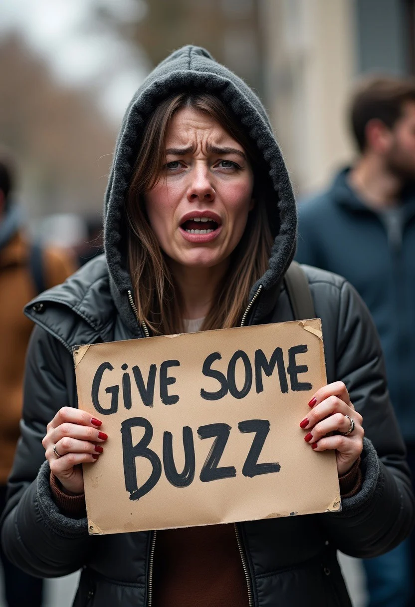 female beggar crying with tears, holding a sign "give some buzz "