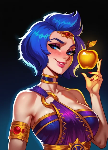 portrait, facial focus, masterpiece, best quality, very aesthetic, absurdres, simple background, 1girl, DisSmi, solo, blue hair, short hair, bare shoulders, blue eyes, red nails, pink lips,
o-ring dress, choker, armlet, purple dress, golden apple, floating object, glowing apple, looking at object, holding,
smirk,
up close, smug,
gradient sky, dark sky,
<lora:Discordia_NoobAI_Epsilon_11:1>