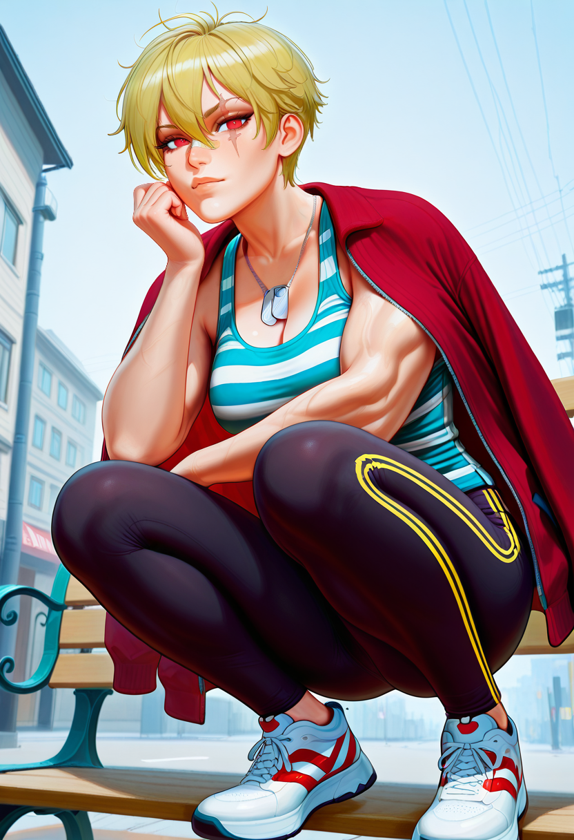 masterpiece, high quality, b4lt1k49, 1girl, solo, blonde hair, short hair, hair between eyes, red eyes, long chin, wide jaw, scar across eye, bandaid on nose, dog tag, muscular, cowboy shot, white and blue striped tank top, black leggings, red jacket, sports jacket, jacket over shoulders, (squatting on bench:1.4), street, looking at viewer, from below, low angle, sneakers,