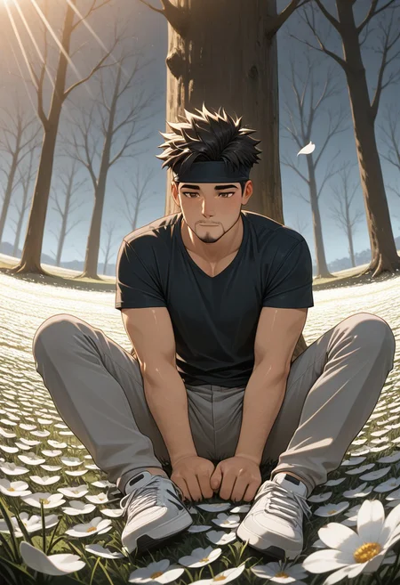 masterpiece, best quality, amazing quality, good quality, very awa, newest, highres, absurdres, warm light, lively and bustling atmosphere, background details visible, shiny skin, outdoor, flower field, tree, sky, sunbeam, solo, male focus,
1boy, black hair, spiked hair, brown eyes, headband, facial hair, amirrama, shirt, pants, white sneakers,
dynamic pose, relaxing, fisheye, windy, (flying petal:1.5),