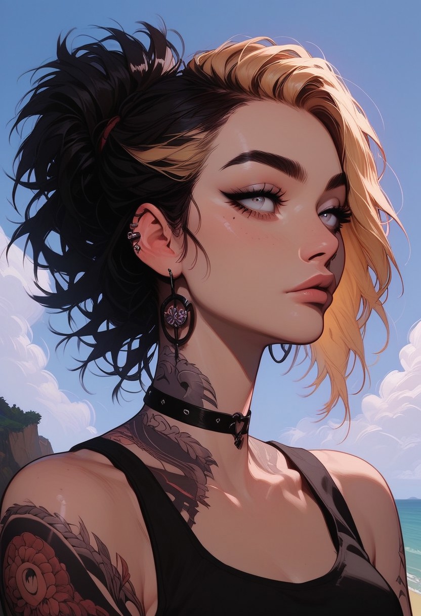 Score_9, Score8_up, Score_7_up, (((High Resolution, Best Quality))), 
1girl, solo, Covered in Tattoos, her hand on her head, brushing hair behind ear, black hair, blonde streak in hair, 
Tanktop, cutoff, choker, 
On a Cliff overlooking a beach, Cloudy Sky,