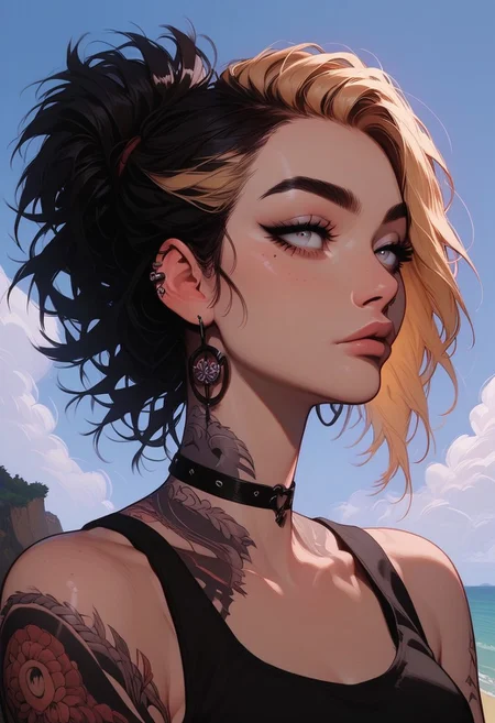 Score_9, Score8_up, Score_7_up, (((High Resolution, Best Quality))),
1girl, solo, Covered in Tattoos, her hand on her head, brushing hair behind ear, black hair, blonde streak in hair,
Tanktop, cutoff, choker,
On a Cliff overlooking a beach, Cloudy Sky,