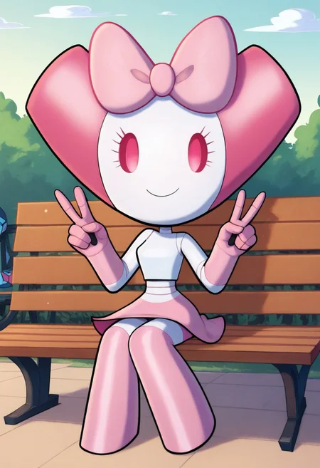 score_9, score_8_up, score_7_up, score_6_up, score_5_up, score_4_up, RobotGirlBase, solo, solo focus, female focus, 1girl, robot, robot girl, sitting, full body, outdoors, park, v, double v, pink eyes, pink skirt, pink bow, smile, looking at viewer, sitting on bench, bench,