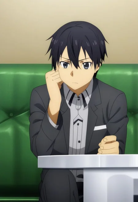 high resolution, professional photography, best quality, 1Boy, Kazuto Kirigaya, Black Hair, Black Eyes, lovely, deep talk, helpless. sit, couch, OverallDetail