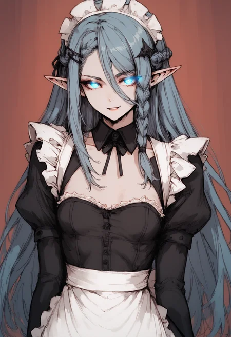 score_9, score_8_up, score_7_up, solo, upper body portrait, naughty traditional art, lineart, fully clothed,
1girl, elf, white skin, colored skin, blue eyes, dark blue hair, long hair, small breasts, glowing eyes, smug, long braid, hair ornament,
looking at viewer, black dress, maid apron, maid headdress, maid dress, puffy sleeves
dark fantasy,
<lora:Black_souls_style:0.8>, <lora:Expressive_H:0.3>, <lora:cutesexyronutts_style_xl:0.8>, <lora:GTHAN:0.8>,