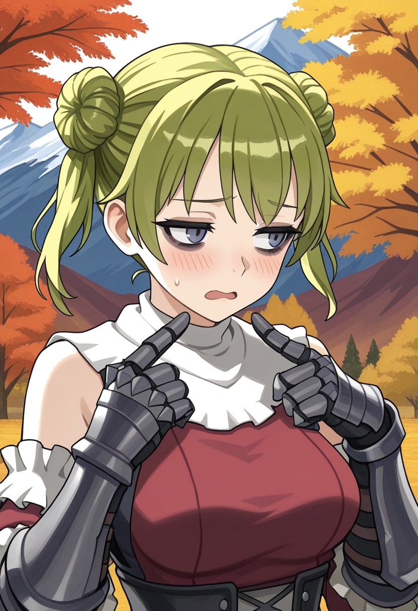 source_vanillaware,
close up,
1girl, solo,
TatianaIL, Tatiana Unicorn Overlord, 
light skin, gray eyes, black eyeshadow, bags under eyes, green hair, side buns, twintails, medium breasts,
small shawl, red surcoat, dark gauntlets,
insecure, shy, open mouth, looking away, pointing at self,
mountains, autumn trees,