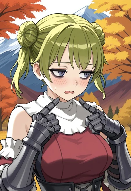 source_vanillaware,
close up,
1girl, solo,
TatianaIL, Tatiana Unicorn Overlord,
light skin, gray eyes, black eyeshadow, bags under eyes, green hair, side buns, twintails, medium breasts,
small shawl, red surcoat, dark gauntlets,
insecure, shy, open mouth, looking away, pointing at self,
mountains, autumn trees,