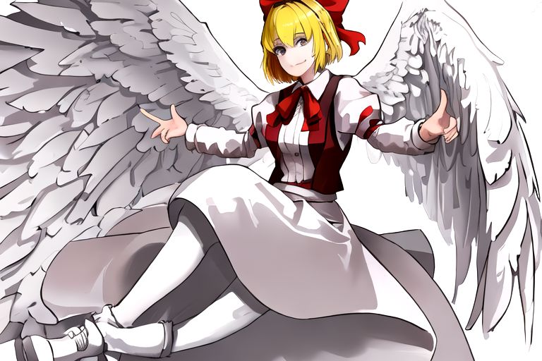 solo_focus, 1girl, ((white background, simple background)):2, (((masterpiece))), ((best quality)), ((ultra-detailed)), high resolution, absurdres, highres, ultra-detailed 8k unity wallpaper, 
solo, 1girl, gengetsu, 
arcueid_\(tsukihime\), 
solo, 1girl, smile, short_hair, shirt, breasts, blonde_hair, bow, long_sleeves, skirt, ribbon, dress, yellow_eyes, hair_bow, thighs, collared_shirt, red_bow, wings, vest, bowtie, black_pantyhose, red_vest, pink_shirt, red_bowtie, feathered_wings, pink_dress, open_vest, white_shirt_white_skirt, white_shoes, blonde_short_hair, red_head_bow_ribbon, one_piece_head_bow_ribbon, bow_ribbon, white_angel_wings, white_drees, brown_vest, wear_outside, twin_wings,