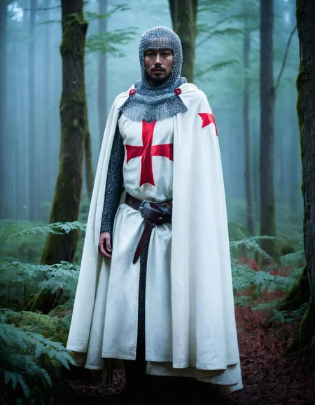 cinematic still of Takuto from Japan wearing white t3mpl4rcloak with a red cross, chainmail, coif, standing in an eerie forest, epic composition, stunning environment, dim lighting, UHD, dusk, darkness, <lora:templarclothesxl:0.9>, <lora:offset_0.2:0.4>