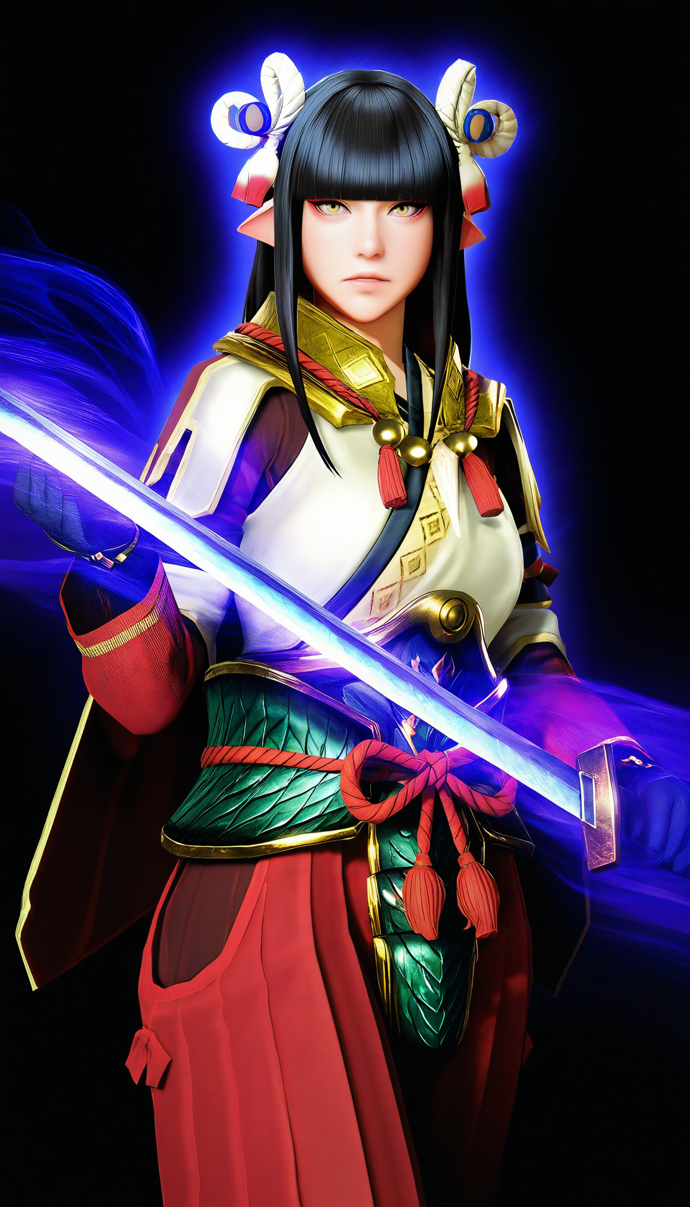 masterpiece,best quality,amazing quality,
<lora:mhminotoNAI:1>,mhminoto,realistic,
1girl,solo,black hair,long hair,blunt bangs,hair ornament,yellow eyes,red and white short cape,white robe top,green waist armor,red hakama pants,black gloves,
cowboy shot,looking at viewer,serious,parted lips,holding katana,fighting stance,glowing aura,glowing purple light,black background,