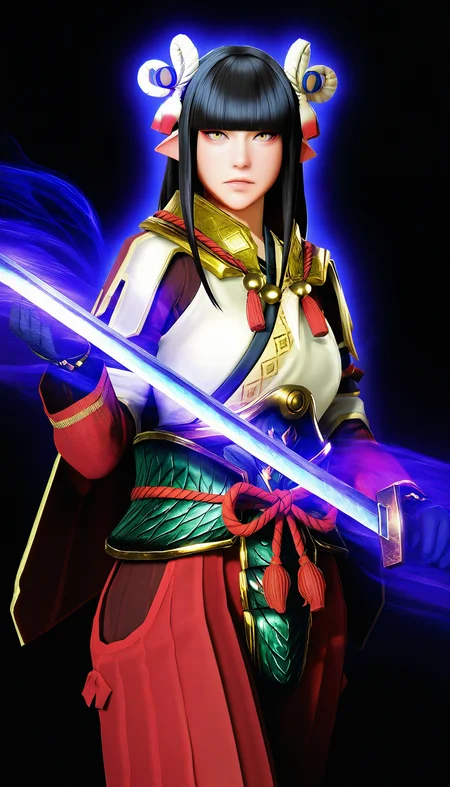 masterpiece,best quality,amazing quality,
<lora:mhminotoNAI:1>,mhminoto,realistic,
1girl,solo,black hair,long hair,blunt bangs,hair ornament,yellow eyes,red and white short cape,white robe top,green waist armor,red hakama pants,black gloves,
cowboy shot,looking at viewer,serious,parted lips,holding katana,fighting stance,glowing aura,glowing purple light,black background,