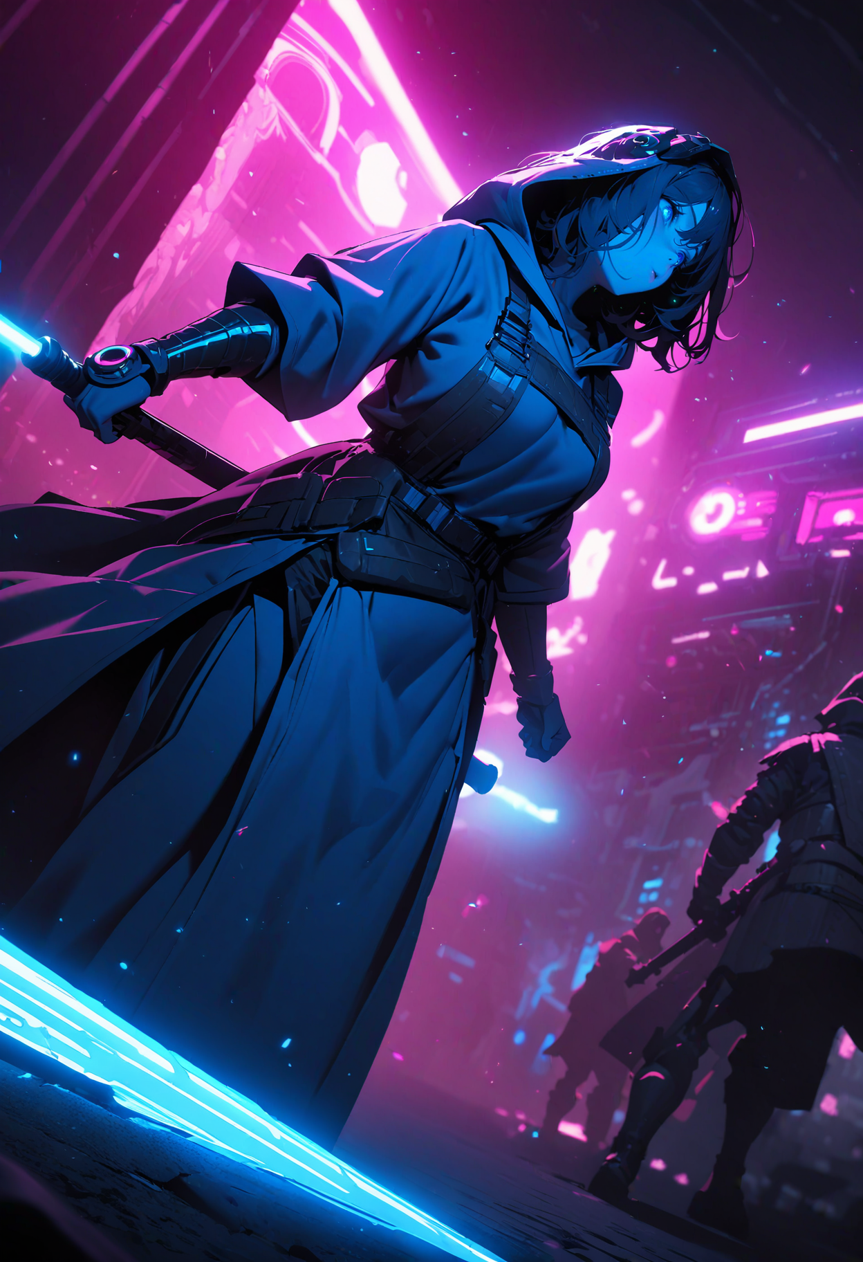 (masterpiece), best quality, (4K), (cinematic blue lighting), Colorful, vibrant, spot color, highly detailed, sharp, high resolution, 4K, UHD, 8K, masterpiece, ultra_high_resolution, OverallDetailXL, sci-fi, medieval neon lights, gloe, dramatic contrast, extraordinary, hyperrealistic, cinematic lighting, complex, immersive, intricate, 1girl, solo, jedi outfit, led, hooded cloak, holding blade, lightsaber, dynamic angle, stance, ultra highres, absurdres, deep glow effect, hdr, light particles, cinematic lighting, depth of field