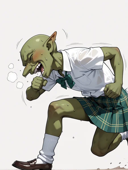 masterpiece,best quality,newest,
1boy,solo,
<lora:gob_ilxl_v1.3:1>,Gob,green skin,bald,green bowtie,short sleeve blouse,white blouse,green plaid skirt,loose_socks,loafers,
<lora:Fixhands_anime_bdsqlsz_V1:1>,
looking_at_viewer,white_background,simple_background,profile,running,blush,sweat,heavy_breathing,(motion_blur:1.2),motion_lines,laughing,closed eyes,