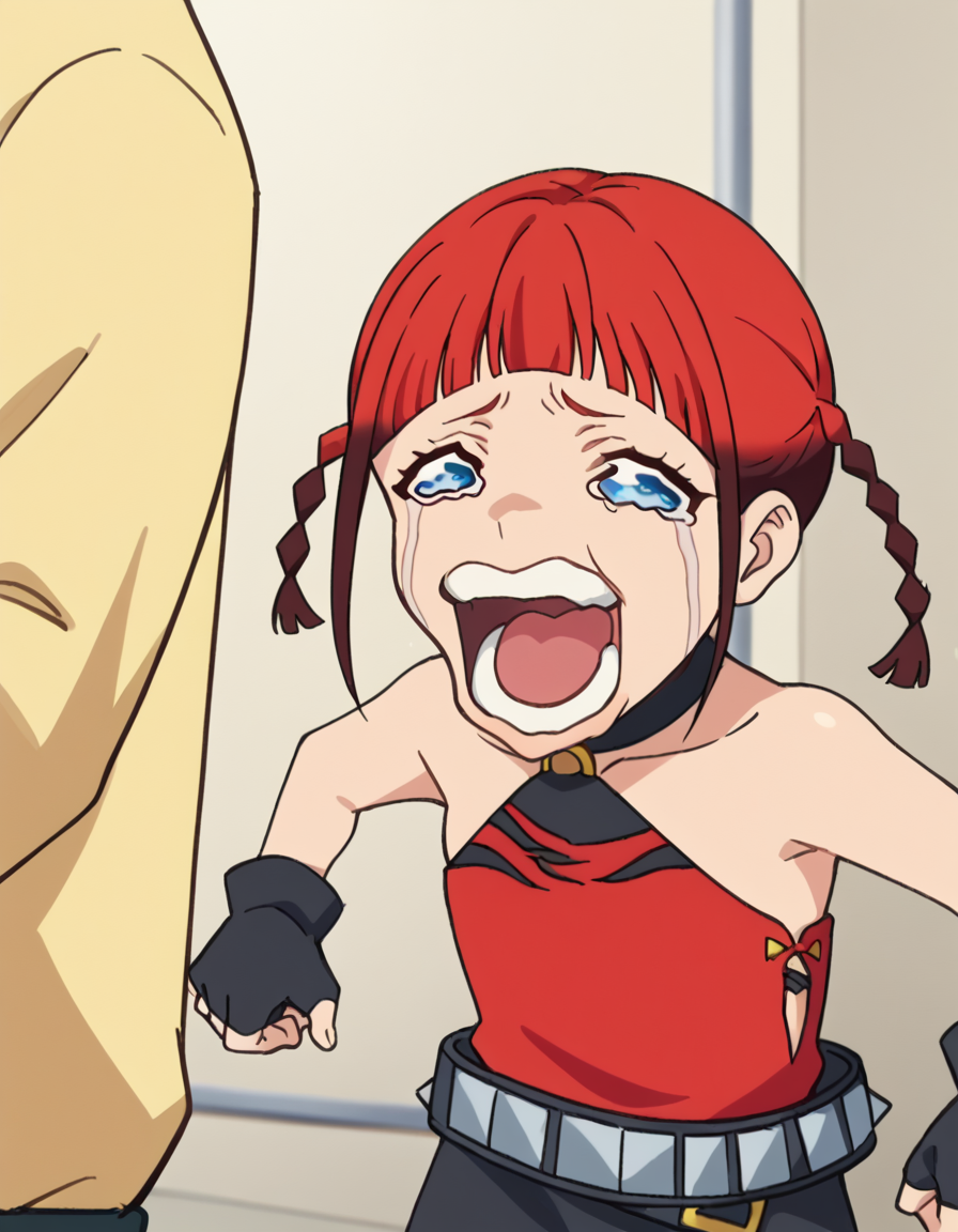 score_9, score_8_up, score_7_up, source_anime, <lora:chise-asukagawa-s1-ponyxl-lora-nochekaiser:1>, chise asukagawa, short hair, blue eyes, braid, red hair, multicolored hair, mole, twin braids, gradient hair, mole under mouth, anime screencap,, skirt, gloves, bare shoulders, jewelry, belt, fingerless gloves, bracelet, sleeveless, red shirt, black skirt,, hospital room, bedside, get well flowers, comforting, quiet, smile, <lora:chopper-crying-ponyxl-lora-nochekaiser:1> chopper crying, chopper crying (meme), meme, wavy eyes, crying, tears, teeth, open mouth, tongue,, looking at viewer, solo,, dutch angle, cowboy shot
