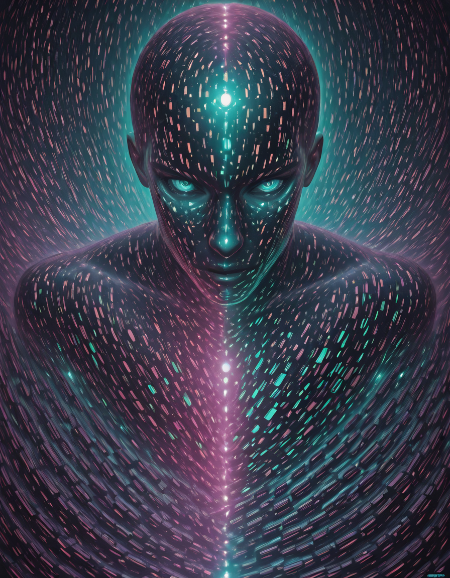Glitchcore Art Style, detailed, mmatrix-style, silhouette, code, text focus, glitch, digital dissolve, 1boy, dynamic, dramatic, distorted, vibrant colors, glitchcore art style