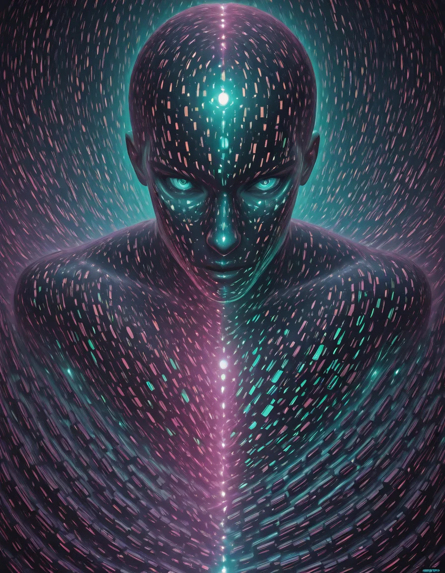 Glitchcore Art Style, detailed, mmatrix-style, silhouette, code, text focus, glitch, digital dissolve, 1boy, dynamic, dramatic, distorted, vibrant colors, glitchcore art style