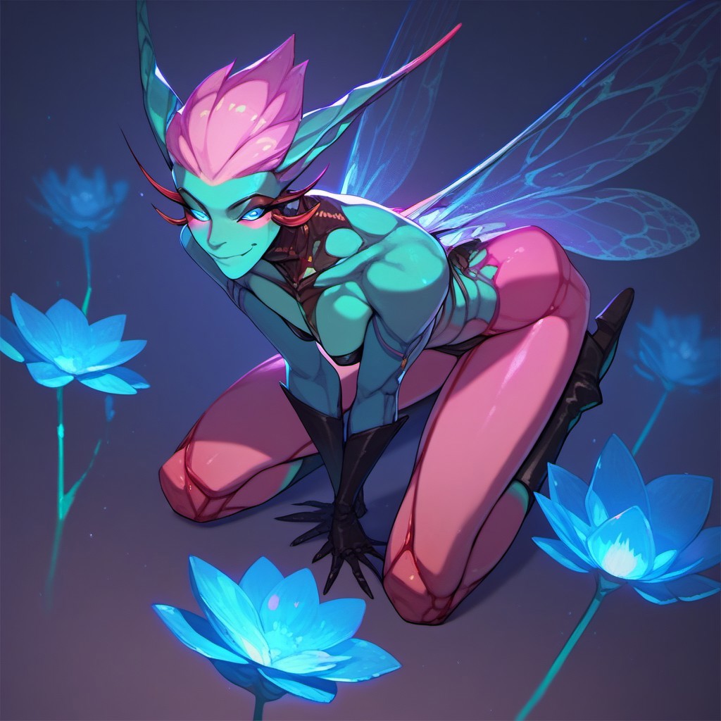 score_9, score_8_up, score_7_up, score_6_up, dark faerie, flying at night, beautiful face, heavy black boots, highly detailed, blue lotus blossom, insect wings, twisting brambles, monster boy, perfect eyes looking at viewer, cyan and magenta, colored skin,