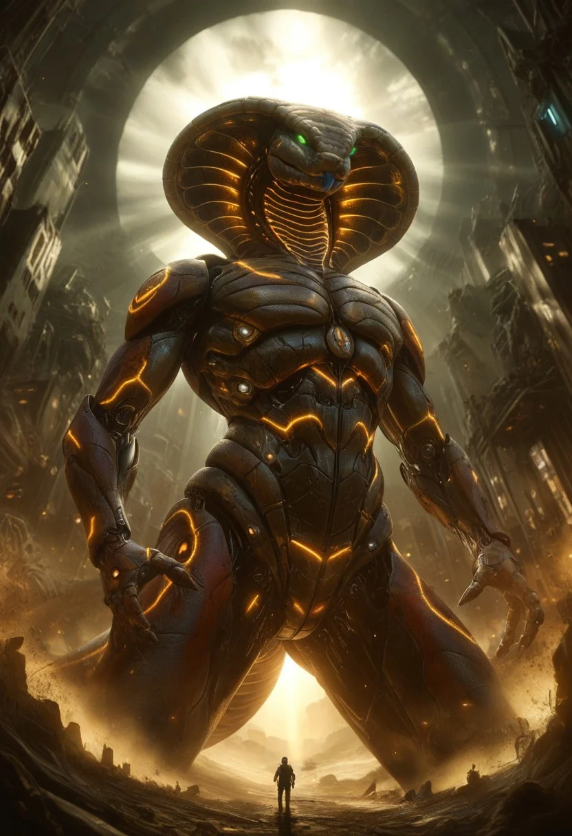 DonMX3n0T3chXL, anthropomorphic_snakes_(naga), futuristic robot snake, fully metal snake, mecha snake, giant mech robot snake, standing tall, Naruto_Manda, snake, slit pupils, green eyes, purple body, body markings, black eye markings, 2 pair of horns, black belly scales, blue tongue, forked tongue, low angle, dramatic lighting, volumetric lighting, ruined city background, detailed background, ruined sky scrapers in background, destroyed city background,