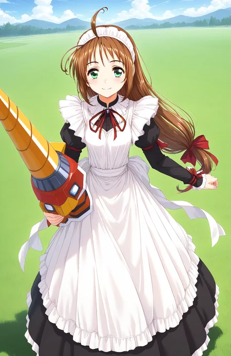 general,highres, game cg, ultra-detailed,very aesthetic,best quality ,best hands, BREAK <lora:Spiral_Nami_IS:1>drii_nami, solo, brown hair, green eyes, drill, polearm, maid apron, maid headdress, weapon, ahoge, ribbon, maid, long hair, low-tied long hair,
smile,looking at viewer, cowboy_Shot,
day, grass, sky,