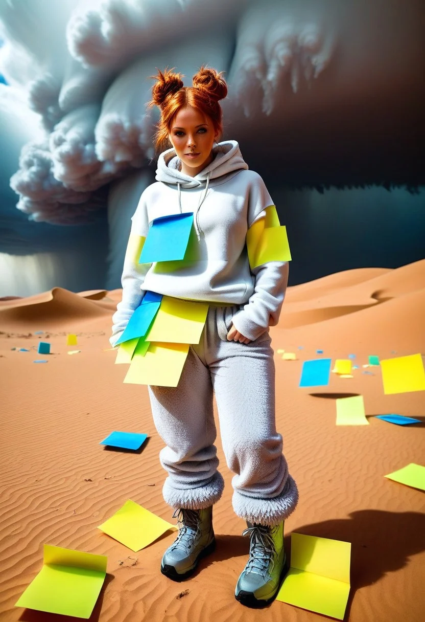 masterpiece, best quality,
1girl, woman, Bunij, ginger hair, hair buns, <lora:Bunij:0.9>, wearing shaggy silver legwarmers, shaggy silver fleece pants, fluffy oversized silver hoodie, in the middle of the Sahara desert, ((overcome by a tornado made from Jed-StickyN sticky notes))