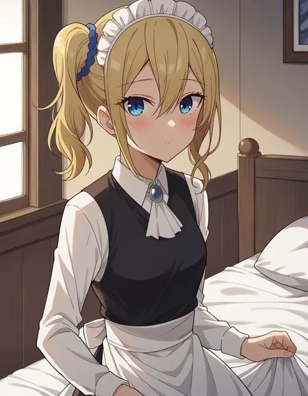 score_9, score_8_up, score_7_up, source_anime,
aihayasaka, <lora:ai-hayasaka-s3-ponyxl-lora-nochekaiser:1>,
ai hayasaka, bangs, blue eyes, blonde hair, hair ornament, hair between eyes, sidelocks, side ponytail, scrunchie, hair scrunchie, blue scrunchie,
shirt, long sleeves, dress, white shirt, collared shirt, apron, maid, maid headdress, ascot, waist apron,
indoors, bed, bed room, on side, blush, drunk,
looking at viewer, cowboy shot, dutch angle, solo,