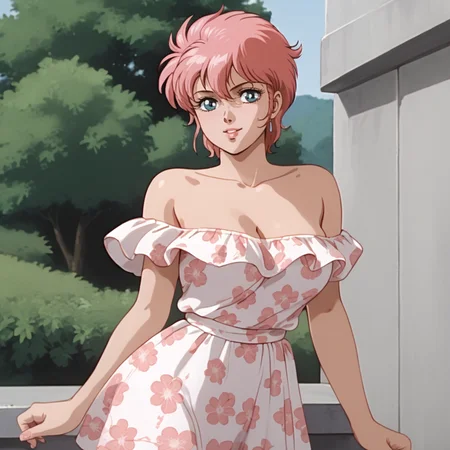 <lora:rainaguydoubleagent_pony_v1:.8>Raina, 1980s (style), retro artstyle, short hair, 1girl, solo, large breasts,  pink hair, blue eyes, cowboy shot,  <lora:floral_offshoulder_dress_v1.1-pony:1> off shoulder dress, floral print