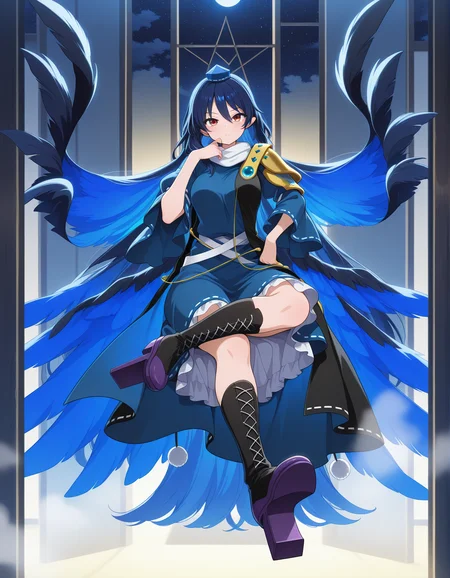absurdres, highres, masterpiece, best quality, amazing quality, official anime artwork, screencap, anime screencap, 
 <lora:Megumu-Iizunamaru_Illustrious:1> iizunamaru megumu, 1girl, solo, red eyes, blue hair, long hair,, tokin hat, blue hat, blue dress, ribbon-trimed dress, white scarf, black cape, shoulder guard, white socks, 
feathers, looking at viewer, night, night sky, star \(sky\), starry sky,