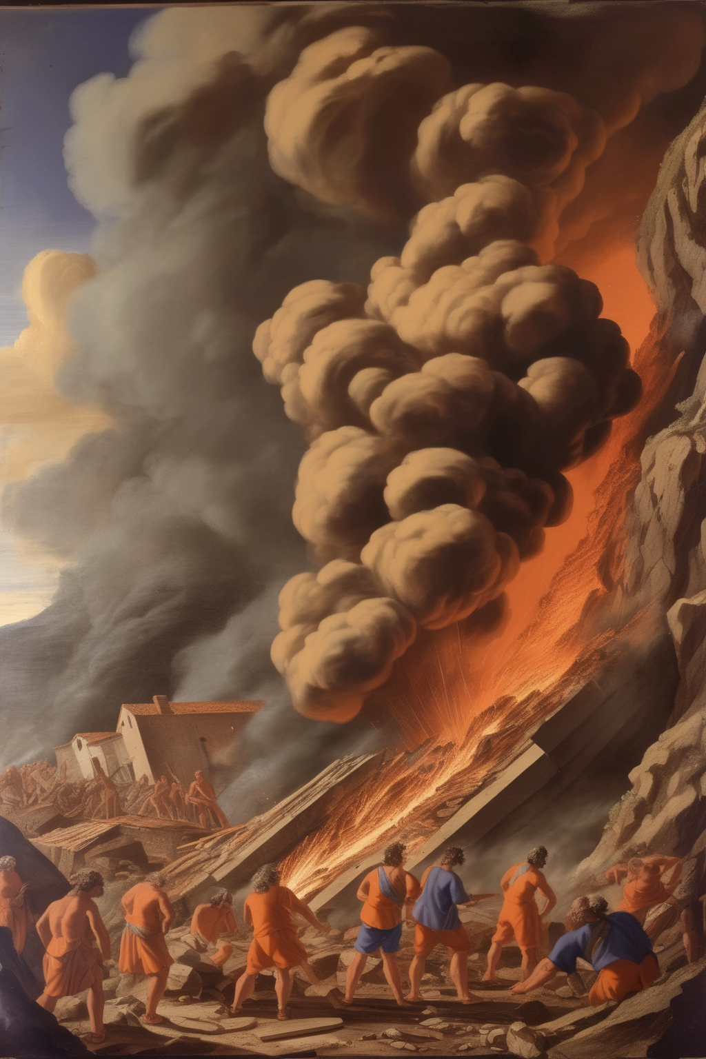 <lora:Nicolas Poussin Style:1>Nicolas Poussin Style - scena di distruzione raffigurate in un'antica illustrazione raffigurante le conseguenze catastrofiche del terremoto in Calabria del 1783
