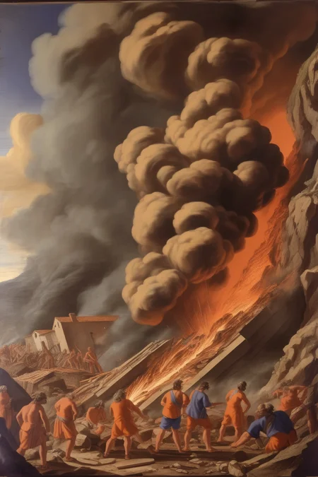 <lora:Nicolas Poussin Style:1>Nicolas Poussin Style - scena di distruzione raffigurate in un'antica illustrazione raffigurante le conseguenze catastrofiche del terremoto in Calabria del 1783