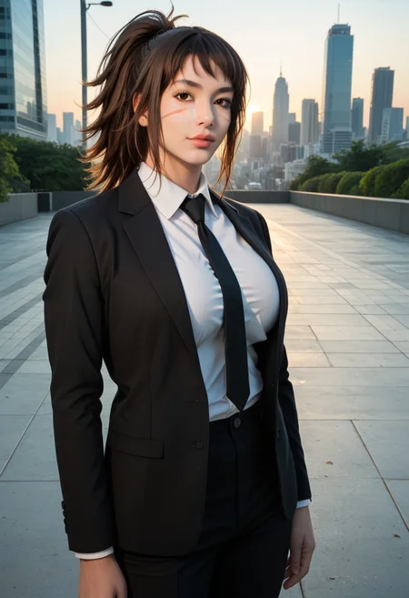 score_9, score_8, score_7, a high detail RAW color professional photo of a 30yo beautiful stunning woman posing for a picture, Expressiveh, plump lips,luscious lips, muscular and voluptuous body, round breasts, breasts together, soft lighting, 8k, perfect lighting, cinematic lighting, cowboy shot, candid photography, looking at the viewer, f/2.8, 50mm focal length, ISO 200, photographed on a Canon EOS 90D Camera, brown hair, ponytail, bangs, sidelocks, brown eyes, scar on face, formal, black suit jacket, open jacket, white shirt, collared shirt, shirt tucked in, black necktie, black pants, outdoors, cityscape