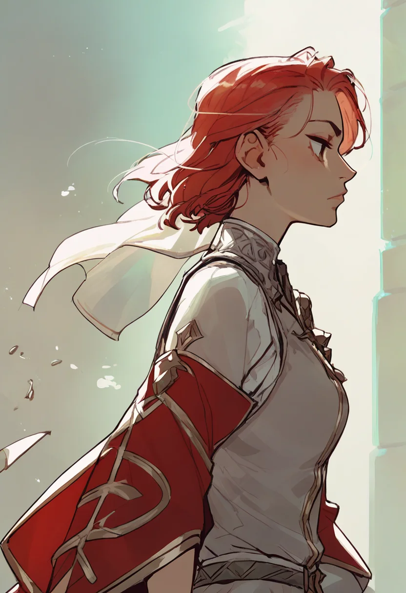 source_anime, score_9, score_8_up, score_7_up, 1girl, solo, Leaning with one elbow on an invisible wall, from below, (Slate gray gold trim), red hair, profile, rating_safe, <lora:sdxl\pony diffusion\artist_styles\incase_old_pony:1.0>