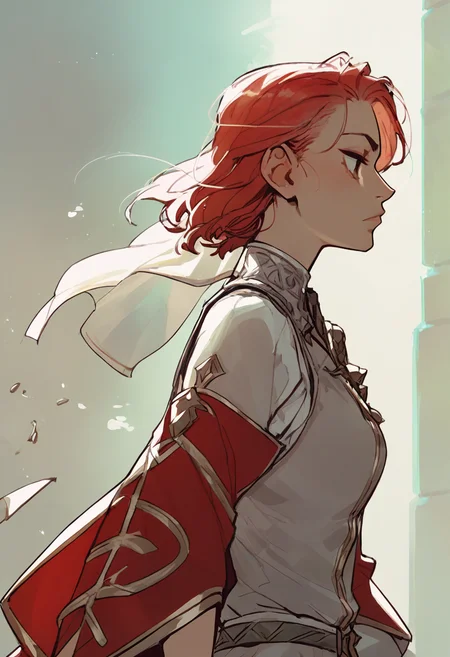 source_anime, score_9, score_8_up, score_7_up, 1girl, solo, Leaning with one elbow on an invisible wall, from below, (Slate gray gold trim), red hair, profile, rating_safe, <lora:sdxl\pony diffusion\artist_styles\incase_old_pony:1.0>