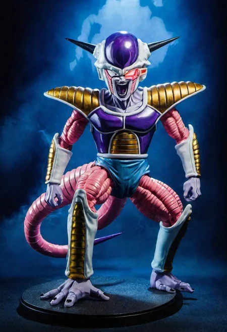 (best quality, masterpiece, detailed, highly detailed face) of a haunting scene with Freezer Armor smile in a battle . Emphasize atmosphere, high contrast, and interplay of shadow and light, colorful