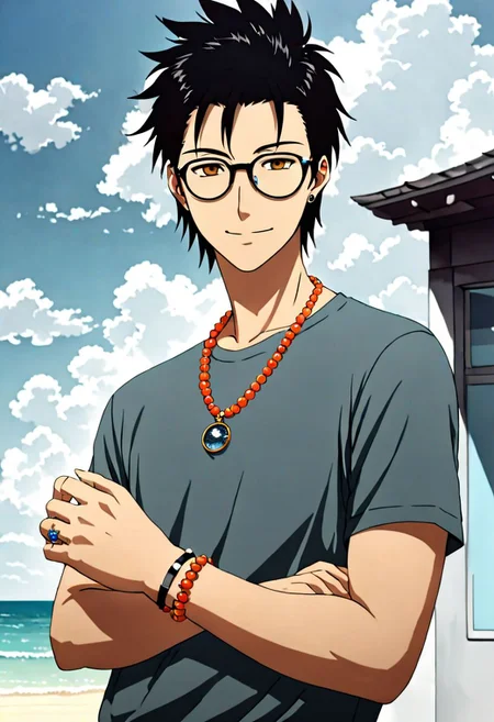 Highres, Masterpiece, High Quality, 4K, 8K, solo, 1Boy, Soujirou Agata, brown eyes, black hair, sunny, cloudy, posing, candid, sweet smile, photo model, earrings, necklace, bracelet, anklet, ring, fake glasses, easynegative, detailed_eye_model